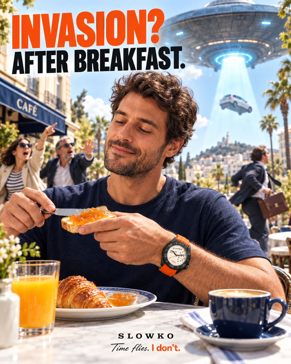 A man wearing SLOWKO calmly enjoys breakfast during an alien invasion. Invasion? After breakfast.