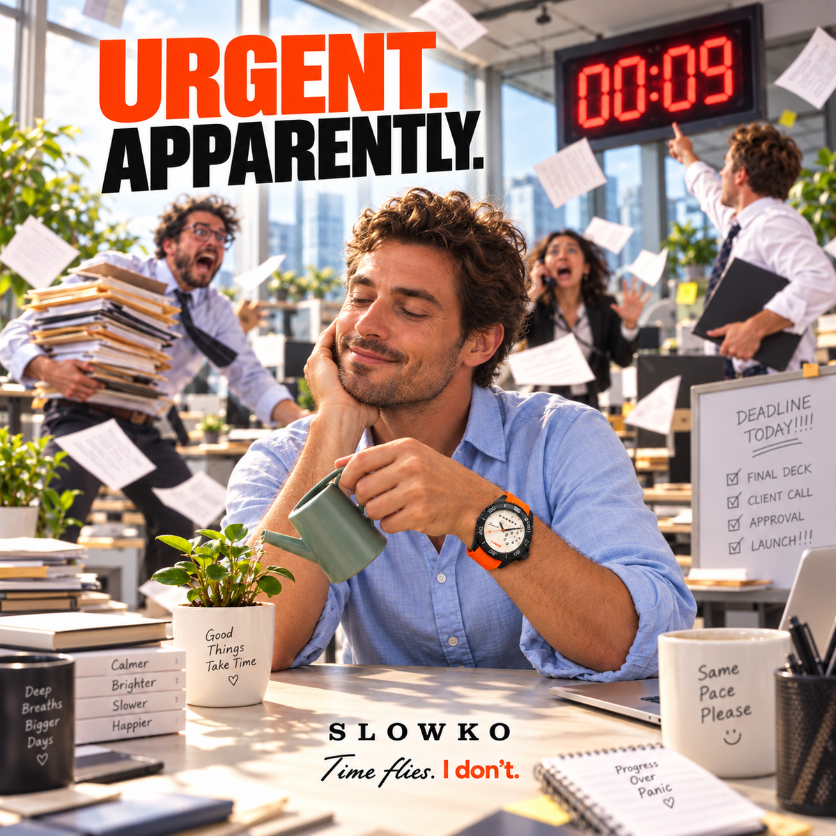Urgent. Apparently. A man wearing SLOWKO calmly waters a plant while his office rushes toward a deadline.