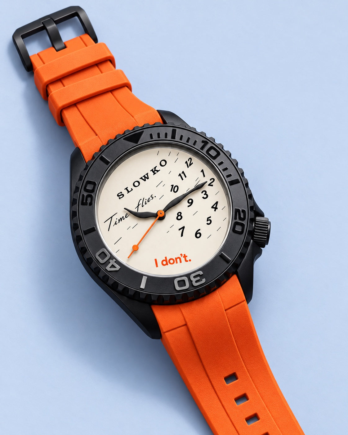 SLOWKO with its original cream dial, black case and orange strap.
